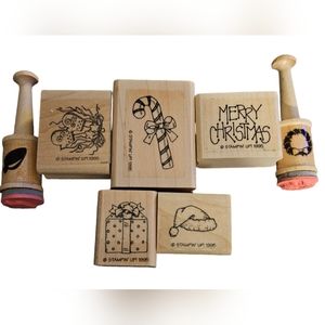 Lot Of 7 Christmas Stampin Up & Hampton Art Stamps Rubber Stamps Wood Mouned